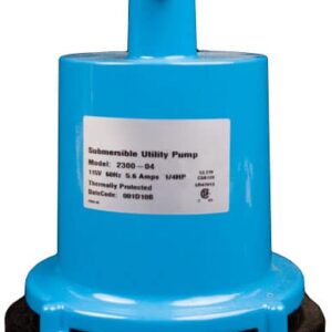 Image of 1/4 horsepower submersible utility pump with cast aluminum body construction, 1320 GPH maximum capacity, 1 1/4" (male) discharge size, and 8-foot cord length. Reliable and durable sump pump with high-performance pumping capabilities for wash pit and other heavy-duty applications.