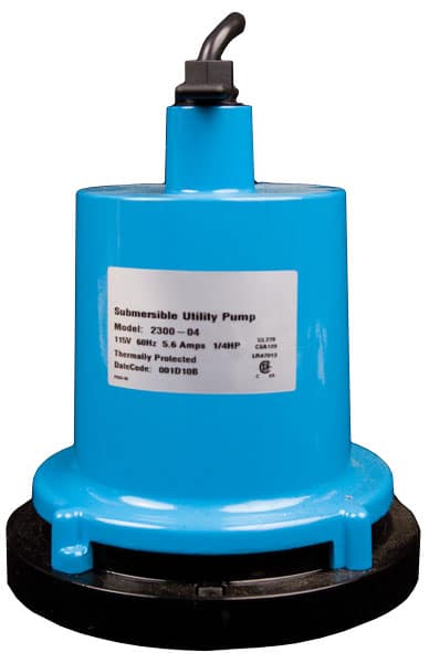 Image of 1/4 horsepower submersible utility pump with cast aluminum body construction, 1320 GPH maximum capacity, 1 1/4" (male) discharge size, and 8-foot cord length. Reliable and durable sump pump with high-performance pumping capabilities for wash pit and other heavy-duty applications.